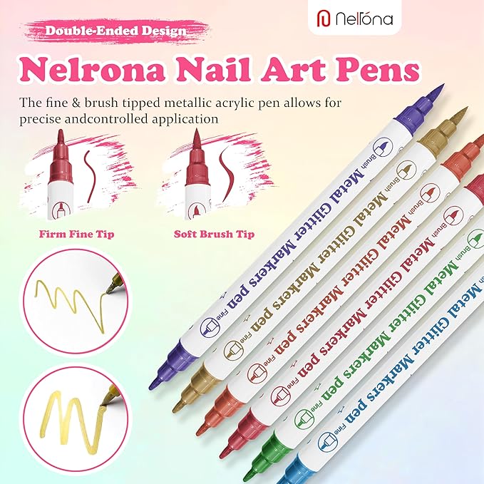 Dual tip Nail Art Pens Set – 10 Colors Acrylic Nail Polish Pens with Fine Tip & Brush Tip for DIY Nail Designs, Quick Dry, Long Lasting Nail Art Markers for Professional Manicure, Home & Salon Use