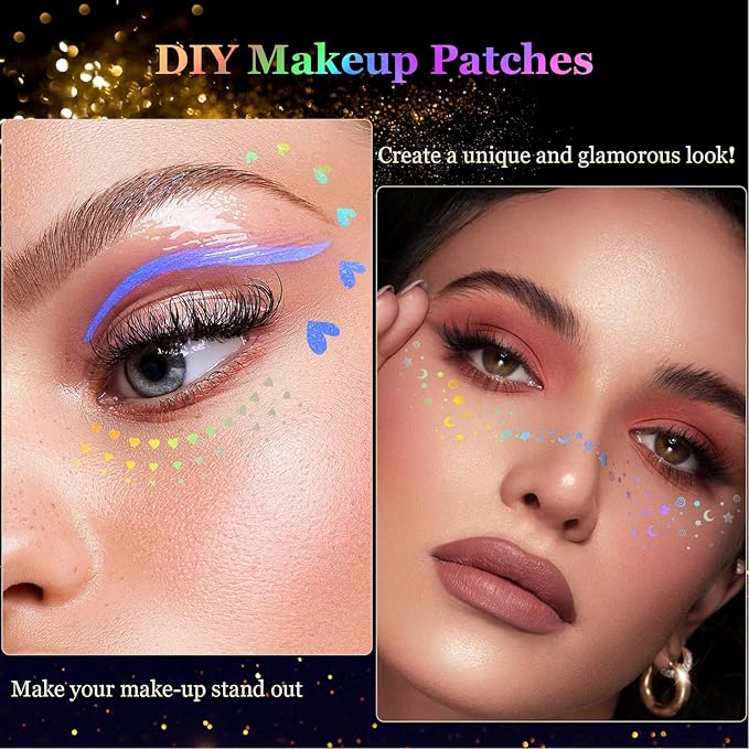 HyperFun 12Pcs Face Glitter Freckles, Face Glitter Fake Freckles Sticker, Holographic Multichrome Waterproof Sparkle Freckles Makeup Patches for Women Rave Festival Accessories Concerts Party Prom