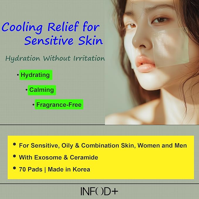 INFODPLUS HydroVita Cooling Gel Toner Pads, 70 Count – Korean Hydrating & Calming Facial Pads for Men & Women with Exosome & Ceramide, Oil Control, Gentle Pore Care, Fragrance-Free for Sensitive Skin