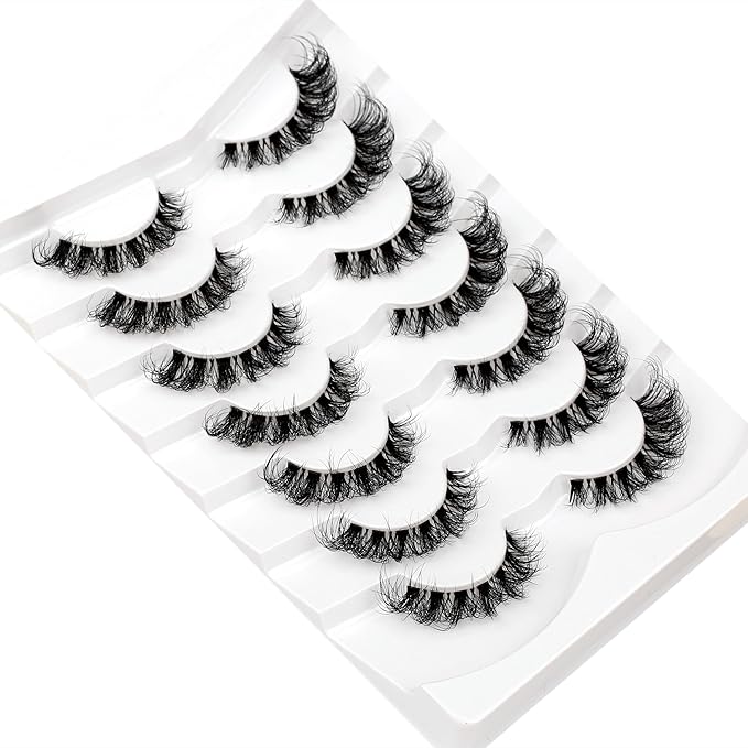 Pooplunch Fake Eyelashes Faux Mink Lashes Strips Cat Eye Wispy Volume Lashes D-Curly Clear-Band Natural 8D Extension Wispies 7 Pairs Pack