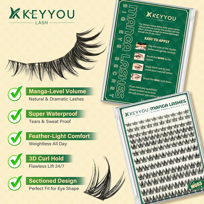 KEYYOU LASH Manga Lash Clusters 8-18mm Fairy Eyelash Clusters Natural DIY Lash Extension Wispy with Soft Thin Band(MG03)