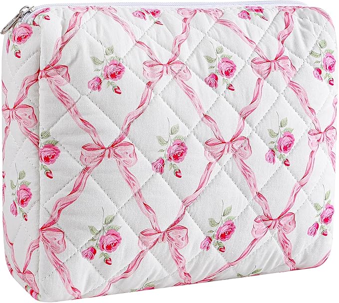 Cute Floral Makeup Bag Large Cotton Quilted Cosmetic Bag, Aesthetic Essential Bag Toiletry Period Bag for Women Travel Accessories (Pink Bowknot Rose)