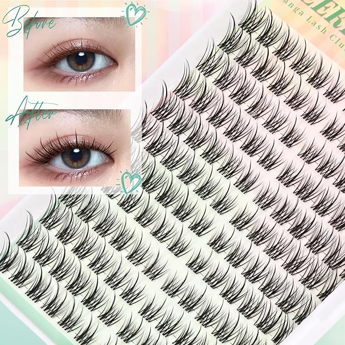 Lash Clusters Manga Natural Clear Band Deer Eyelash Clusters Wispy C Curl 144PCS 8-18MM Mixed Anime Individual Lashes Left & Right Spiky Eyelash Extensions for DIY Doe Eyed at Home (Spark)