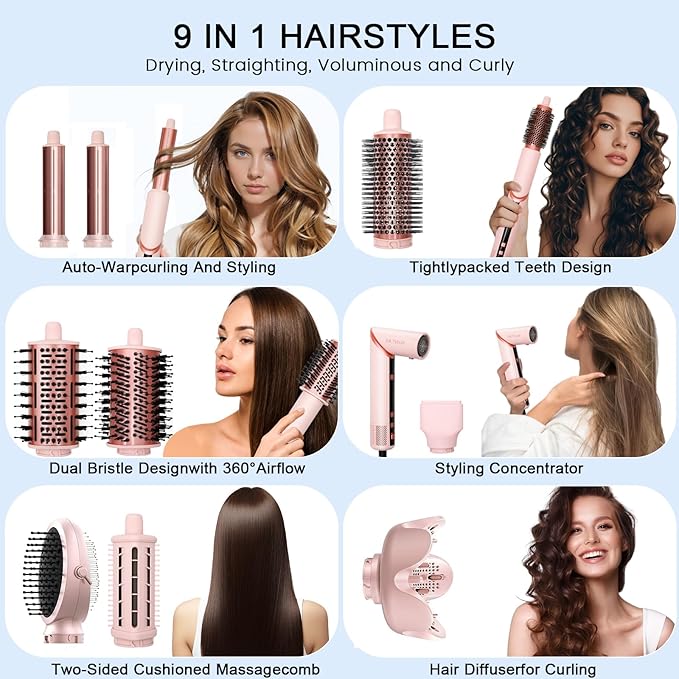 9 in 1 Hair Styler & Air Dryer Brush Curler, 110,000 RPM High-Speed Negative Ionic Foldable Hair Dryer Fast Drying, Multi Professional Hot air Styler for Curling Volumizing Straightening Styling(Pink)