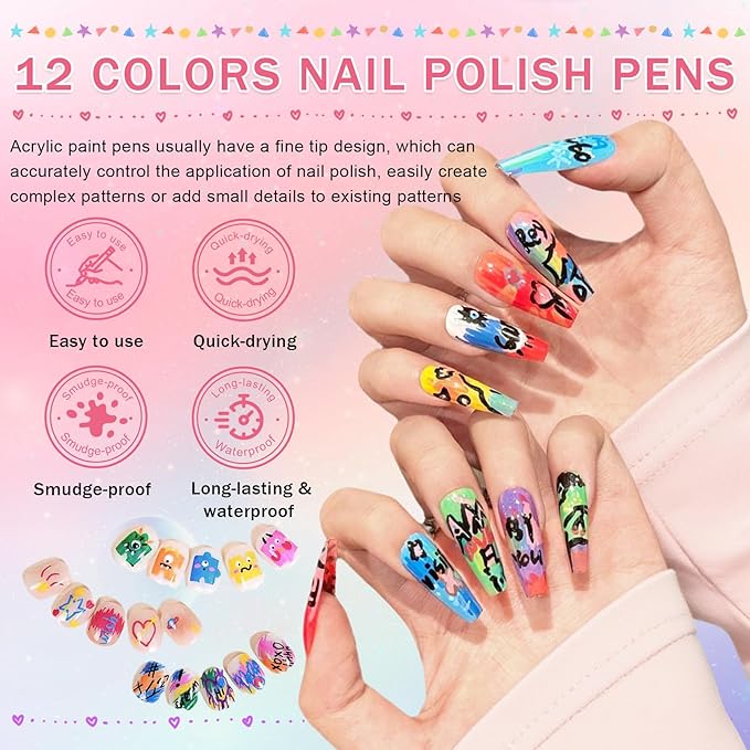 IONSGAKO 12 Colors Nail Art Pens Set, Nail Polish Pens for Nail Art Quick Drying 3D Acrylic Paint Markers for Painting Dotting Liner Pen Nail Salon DIY Design Kit 0.5mm
