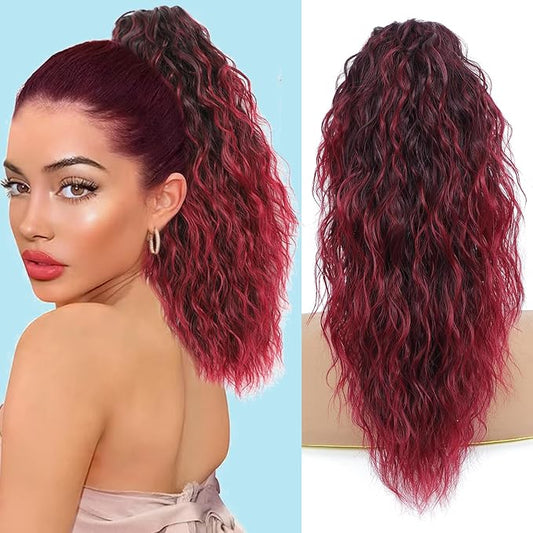 Ponytail Extension, Claw Clip on Pony tails Hair Extension for Women 18 Inch Long Wavy Curly Fake Ponytail Clip in Hair Pieces for Women Fluffy Natural Looking (Omber Burgundy, 18 Inch)