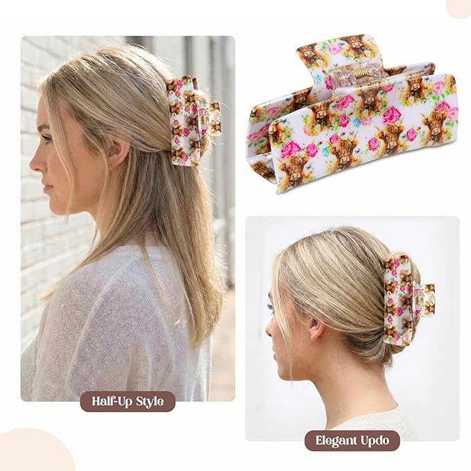 Medium Hair Claw Clip for Women, Highland Cow Floral Print Hair Clip, Strong Hold Non-Slip Jaw Clamp for Thick & Thin Hair, Cute Farm Animal Hair Accessory for Daily Wear, Parties, Travel