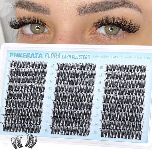 PHKERATA Flora Lash Clusters Wispy Eyelash Clusters 162pcs Natural Cluster Eyelash Extensions Ultra-thin Band Cluster Lashes C Curve Lash Extension DIY Soft Individual Lashes, 10-16mm
