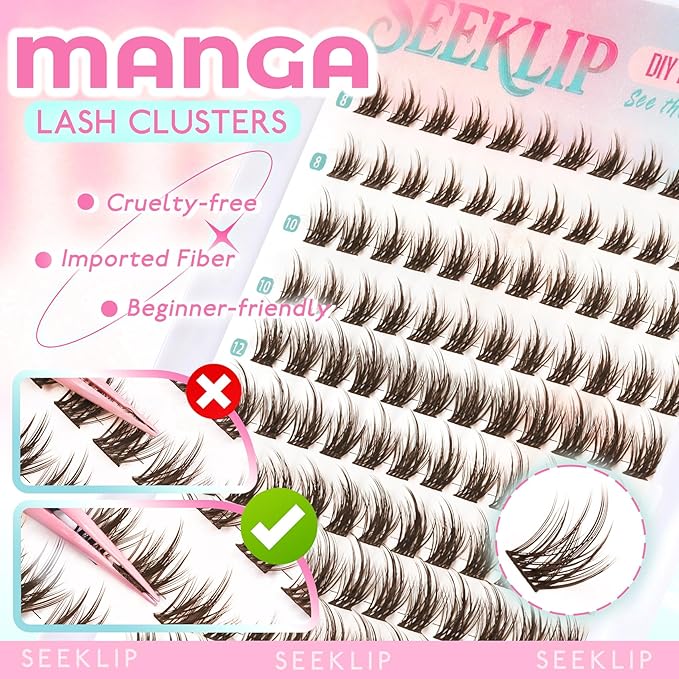 Lash Clusters Spiky Brown Manga Lash Clusters Looks Like Eyelash Extensions 144Pcs 8-16MM C Curl Dark Brown Doll Anime Cluser Lashes Thin Band Soft Doe Eyed Individual Lashes (Lavender-Brown)