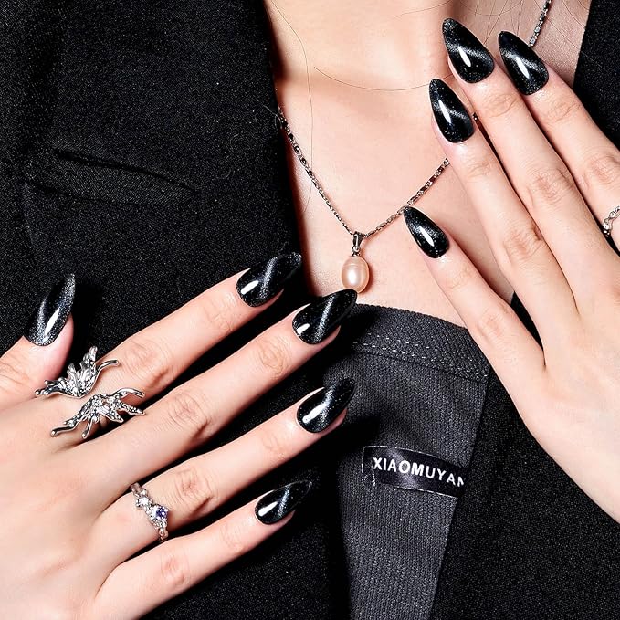 GLAMERMAID Black Cat Eye Press on Nails Medium Almond, Handmade Jelly Magnet Gel Fake Nail, Gloss Glitter Magnetic Glue on Nail Short Oval, Reusable Acrylic Stiletto Stick on False Nail Kit for Women