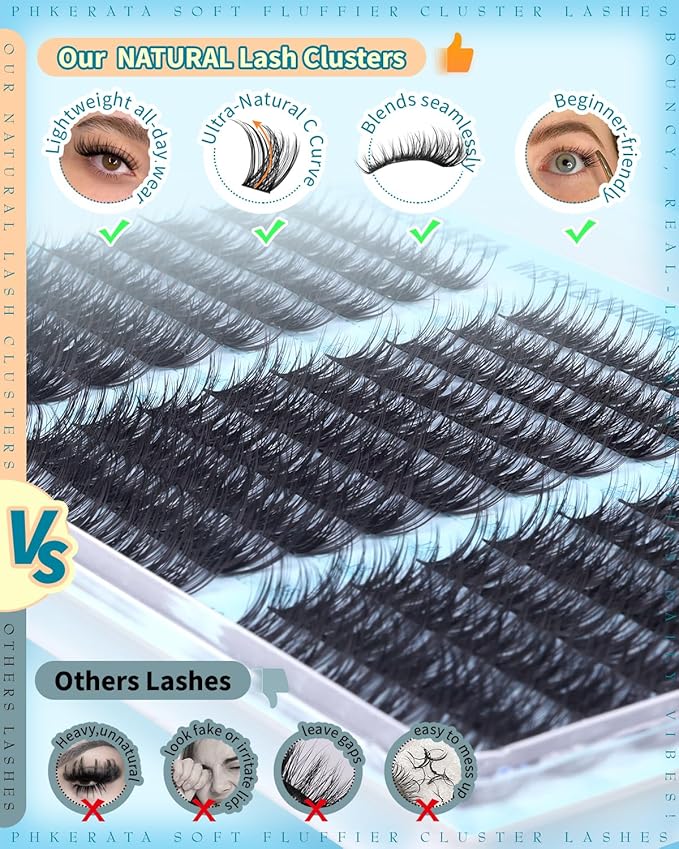 PHKERATA Wispy Lash Clusters Naural Eyelash Clusters Extensions C Curly Individual Lashes Clusters DIY Eyelash Extension with Wide Soft Thin Band,10-16MM,180Pcs