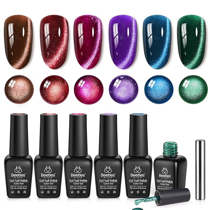 Beetles Velvet Starlight Cat Eye Gel Nail Polish Set, 6 Colors Christmas Gel Nail Kit Glitter Red Green Pink Shiny Brown Burgundy Purple Blue Magnetic Effect Soak Off UV Manicure Gifts for Women