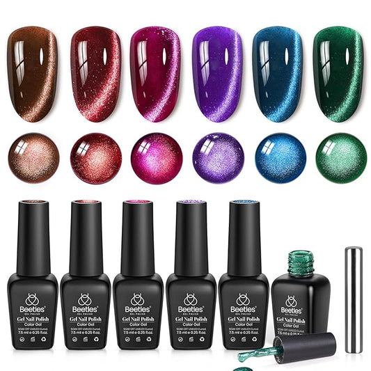 Beetles Jewel Parade Cat Eye Gel Nail Polish Set - 6 Colors Glitter Cat Eye Gel Polish Kit Pink Purple Red Green Blue Brown Burgundy Magnetic Effect Soak Off UV Manicure Gift for Women