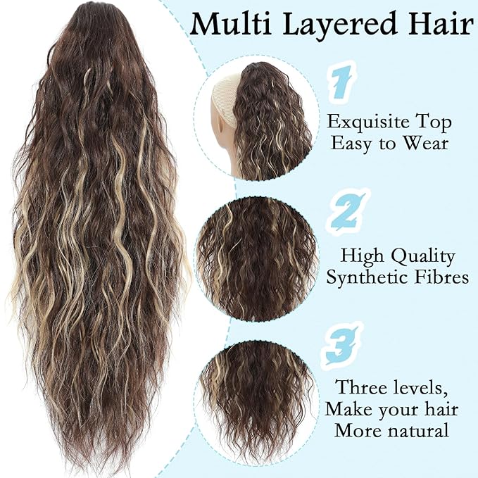 Ponytail Extension, Claw Clip on Pony tails Hair Extension for Women 22 Inch Long Wavy Curly Fake Ponytail Clip in Hair Pieces for Women Fluffy Natural Looking (Dark Chestnut with Blonde Highlights)