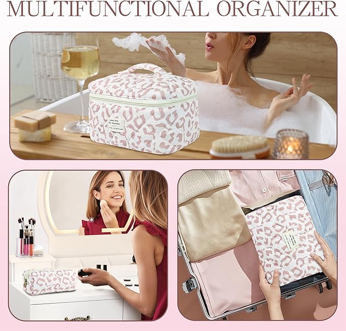 3Pcs Quilted Makeup Bag for Women, Large Travel Makeup Bag Set, Cute Aesthetic Cosmetic Bags, Floral Cotton Makeup Pouch Coquette Toiletry Organizer Bag