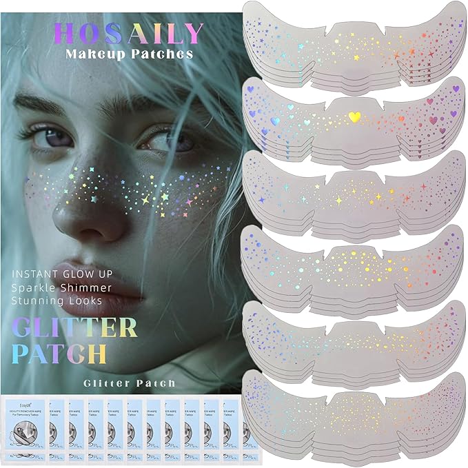 HOSAILY 24 pcs Holographic Multichrome Glitter Freckles Face Tattoo, Waterproof Sparkle Face Glitter Speckles Patches for Women, Cute Star Glitter Temporary Tattoo Makeup Accessories for Festival Rave