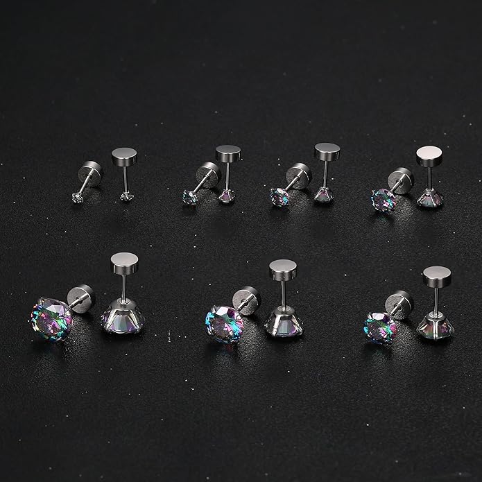Fansilver 20G Hypoallergenic Flat Back Earrings for Women Men Silver 14K Gold Stainless Steel Stud Earrings Brithstone Cubic Zirconia Studs Surgical Steel Cartilage Earrings for Sensitive Ears