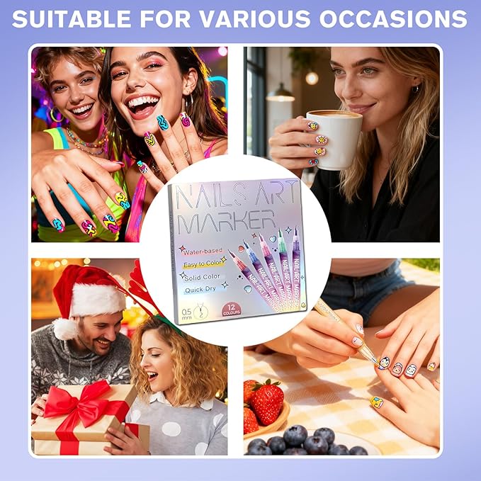 12 Colors Nail Art Pens Set, 0.5mm Fine Tip Nail Art Marker for DIY Nail Designs, Water-Based Quick Dry Nail Drawing Pens, Multi-Color Nail Painting Liner Pens for Manicure Beginners & Nail Artists