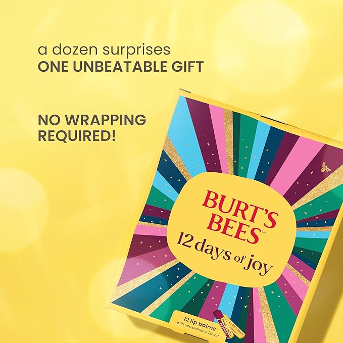Burt’s Bees 12 Days of Joy Advent Calendar; 12 Surprise Lip Balms Including Juicy Cherry, an Amazon Exclusive; 24 Hour Moisture, 100% Natural Origin, Responsibly Sourced Beeswax, 12 Tubes, 0.15 Oz.