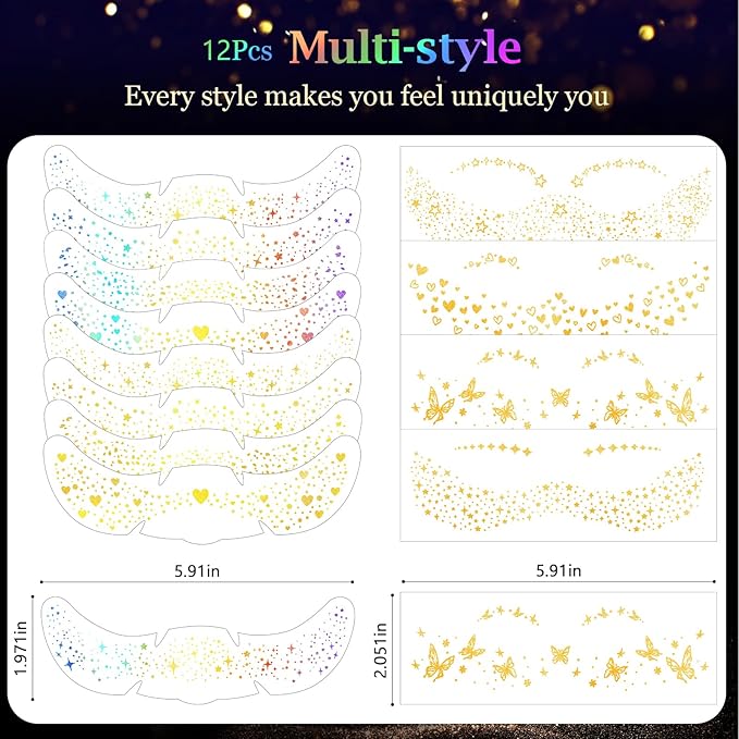 HyperFun 12Pcs Face Glitter Freckles, Face Glitter Fake Freckles Sticker, Gold Holographic Multichrome Waterproof Sparkle Freckles Makeup Patches for Women Rave Festival Accessories Concert Party Prom