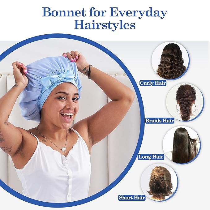 Tie Band Silk Satin Bonnet for Sleeping Hair: Women Sleep Night Wrap Cap for Straight Wavy Curly Coily Kinky Natural Hair Head - Sky Blue Aqua