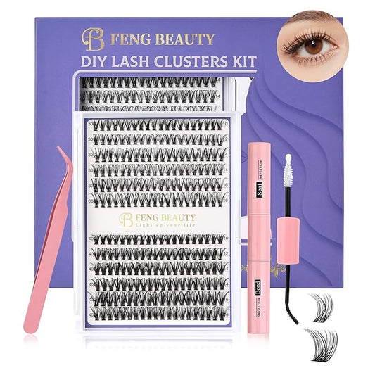 FENG BEAUTY DIY Lash Clusters Kit, 240PCS 30D+40D Mixed Lengths 10–16mm, Natural Wispy Fluffy Look, 2-in-1 Bond&Seal+Precision Tweezer, Lashes Extension Kit (0.07D, 10-16mm, Individual Lashes Kit)