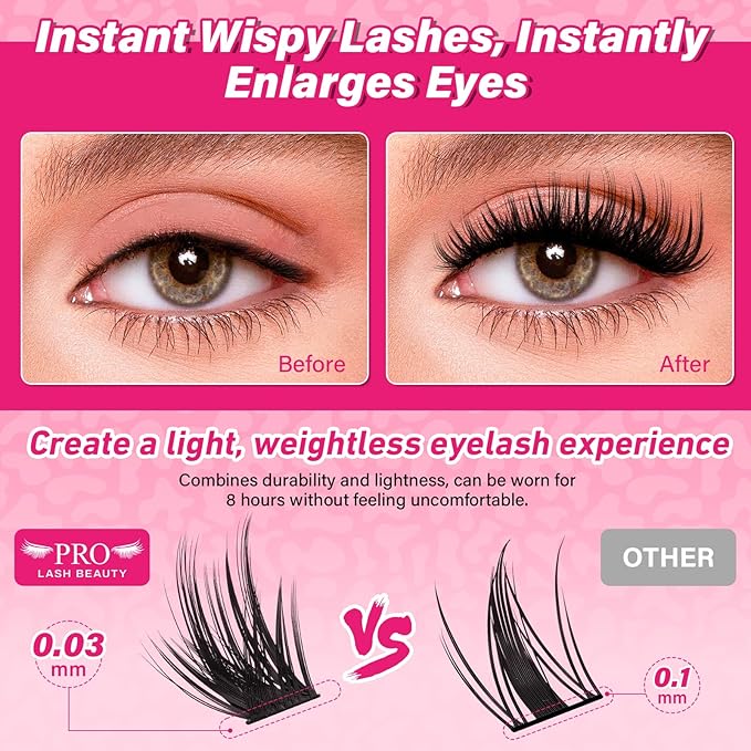 PRO LASHBEAUTY Lash Clusters Kit with Lash Bond and Seal Eyelash Applictor Lash Remover DIY Lash Extension Kit for Beginner Waterproof Resuable Eyelash Extensions at Home (Bloomy,8-18mix)