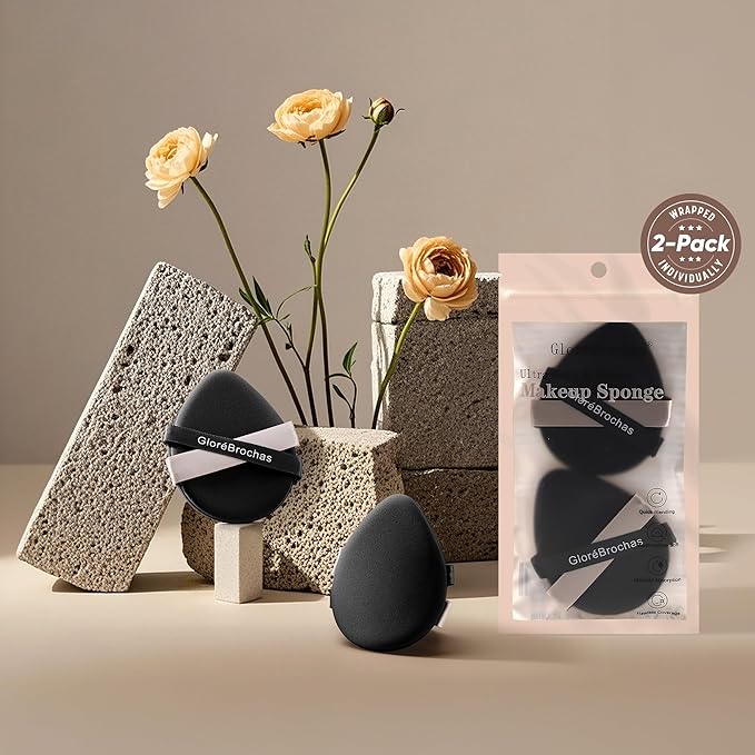 Makeup Sponge Set, GloréBrochas 2PCS Micro Porous Low Absorption Foundation Sponges, Latex-Free PU Makeup Puff, 3.2inches Soft Dual-Sided Powder Puff for Face Powder, Black