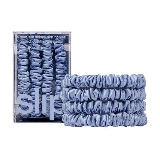 slip Skinny Scrunchies: Anti-Crease, Anti-Breakage Slipsilk™ Design Protects Delicate Hair | Includes 4 Pure Silk Scrunchies, Cornflower