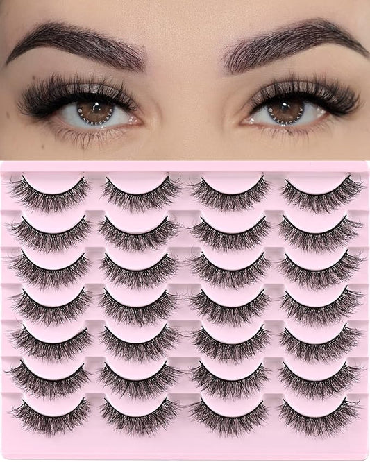 FARRED Natural Lashes Short Eyelashes Wispy False Mink Lash Pack 14 Pair Natural Look Fluffy Cat Eye Strip Eyelash Small Fake Lashes Full Pestañas Sets for MUA and Beginners Daily Makeup (F1 | 8-14mm)