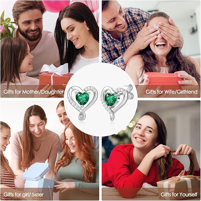 Zifeel Earrings for Women, S925 Sterling Silver Rose Gold Birthstone Heart Studs Earring for Girlfriend Wife, Anniversary Birthday Christmas Valentines Mothers Day Gifts Jewelry for Women Wife Her Mom