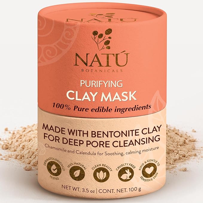 NATÚ BOTANICALS Purifying Bentonite Clay Mask – Clarifying Clay Mask for Face – Soothing & Softening Hydrating Face Mask for Oily and Combination Skin – Helps Tighten, Clarify & Refine Skin 3.5oz