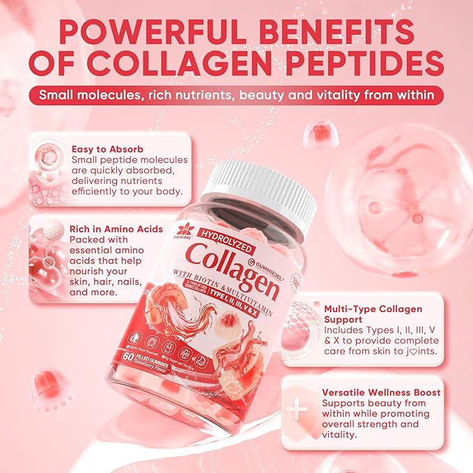 2Pack Sugar-Free Hydrolyzed Collagen Peptide Filled Gummies for Women & Men, with 1500mg Protein Type I,II,III,V,X, 5000mcg Biotin Vitamin C A E D3 B6 B12 for Immune Digestion Skin Hair Nails, Bone