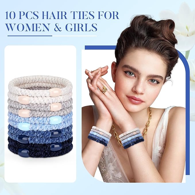 Braided Hair Ties No Damage, 10 Pcs Soft Plush Hair Bands for Women's Hair, Bracelet Hair Elastics & Ponytail Holders for Thick Hair - Light Blue