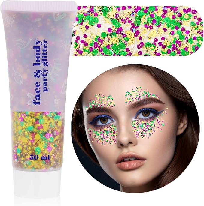 Mardi Gras Face Glitter,Festival Rave St Patricks Day Accessories Body Glitter for Face Body Hair,Gold Green Purple Mixed Chunky Glitter Gel,Holographic Sequins Body Glitter for Carnival/Halloween
