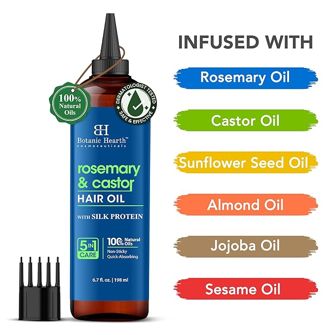 Botanic Hearth Hair Oil for Hair Growth & Hair Relaxer | Strengthening Dry, Frizzy, Damaged Hair & Scalp Treatment | Rosemary Castor Hair Oil – 6.7 Fl Oz
