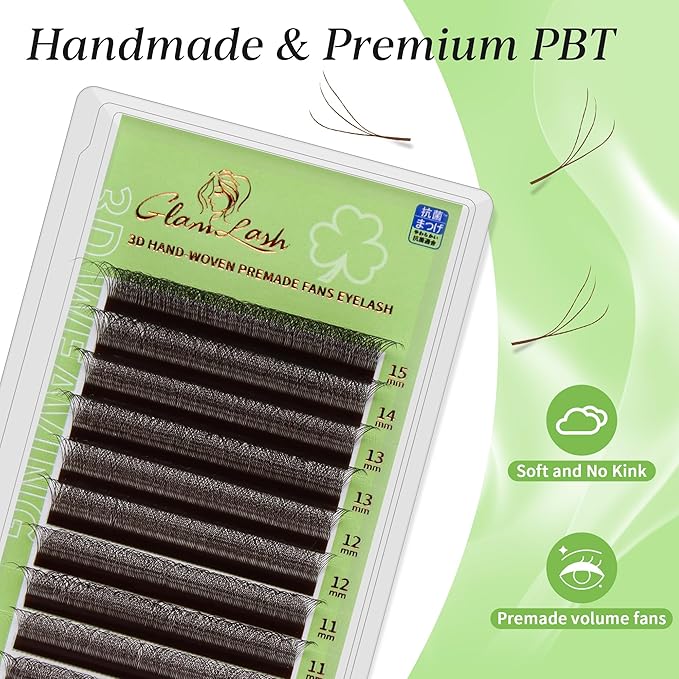 GLAMLASH W Eyelash Extensions 3D Volume Premade Fan Natural Soft Matte Lash Professional Salon Supplies (3D,0.07,C,8-12mm,Brown)