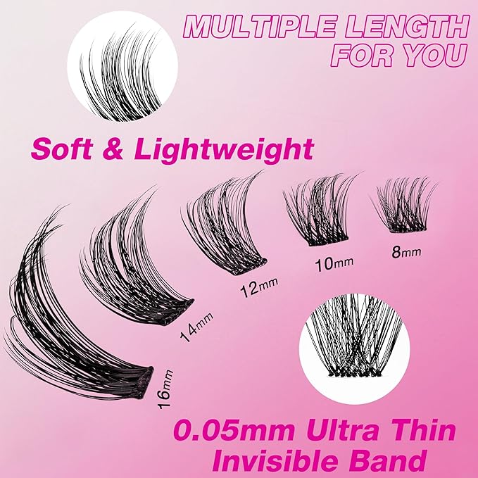VEYESBEAUTY Lash Clusters Individual Eyelash Extensions Thin & Invisible Band DIY False Eyelashes for Self-application Newbie's Five-Second Series Wispy Lash Tray, Siren 8-16mm Mixed Length