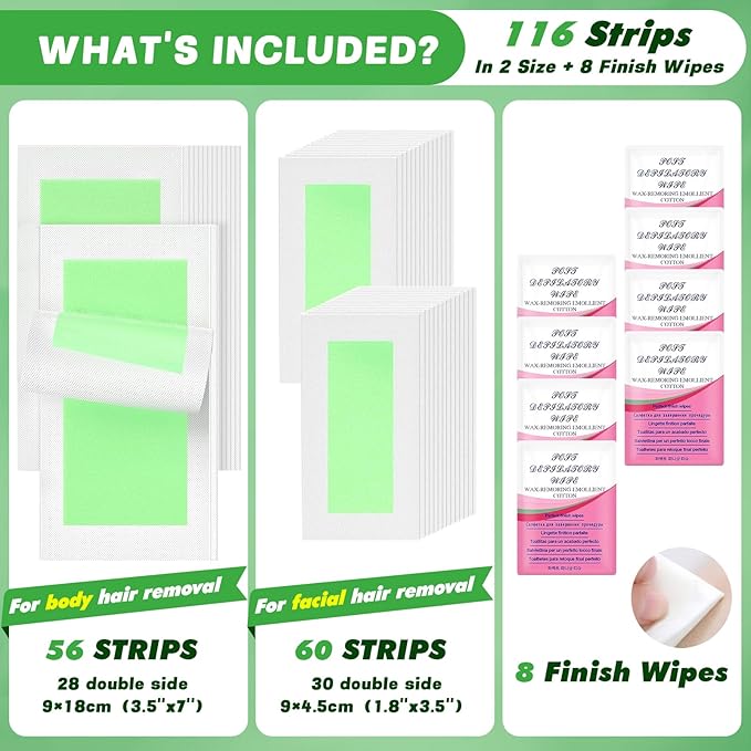 116PCS Wax Strips for Hair Removal, Facial Hair Removal For Women At Home Waxing Kit for Women Face and Body | 116 Waxing Strips & 8 Oil Wipes for All Skin Types