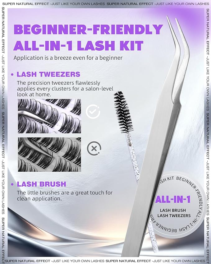EYDEVRO Natural Lash Clusters Kit Wispy Eyelash Clutsers Kit 10-16mm Cluster Eyelash Extensions D Curl Lash Extension Kit Salon-quality Cluster Lashes at Home Lash Bond and Seal, Tweezers, Brush