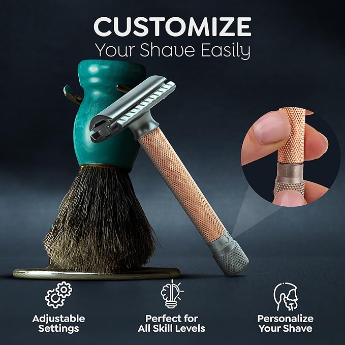 Parker THE VARIANT CLOSED COMB - ADJUSTABLE Double Edge Safety Razor, Customize your Shave with a Turn of the Dial from Mild to Aggressive - 5 Blades Included (ROSE GOLD)