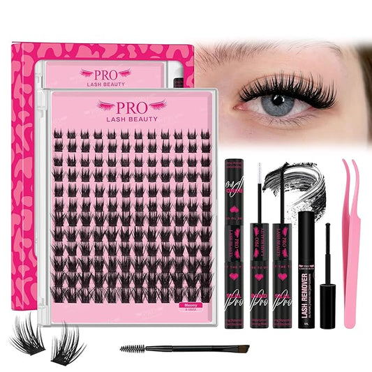PRO LASHBEAUTY Lash Clusters Kit with Lash Bond and Seal Eyelash Applictor Lash Remover DIY Lash Extension Kit for Beginner Waterproof Resuable Eyelash Extensions at Home (Bloomy,8-18mix)