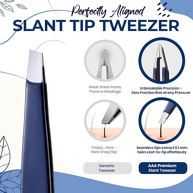 Professional Slant Tip Eyebrow Tweezers for Women & Men – Precision Hair Removal Tool – Stainless Steel Tweezers for Eyebrow Shaping, Facial Hair, Ingrown Hair & Splinter Removal (Midnight Indigo)
