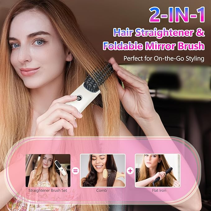 STUDLLY LCD Screen Cordless Hair Straightener Curler 2 in 1, Portable Mini Hair Straightening Brush for Travel Negative Ionic Fast Heating Hot Comb for Women, Folding Brush with Mirror, White