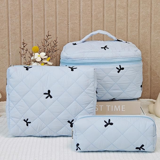 Makeup Bag, 3 PCS Quilted Makeup Bag, Cute Floral Cotton Cosmetic Bag set, Coquette Makeup Pouch Large Travel Toiletry Bag