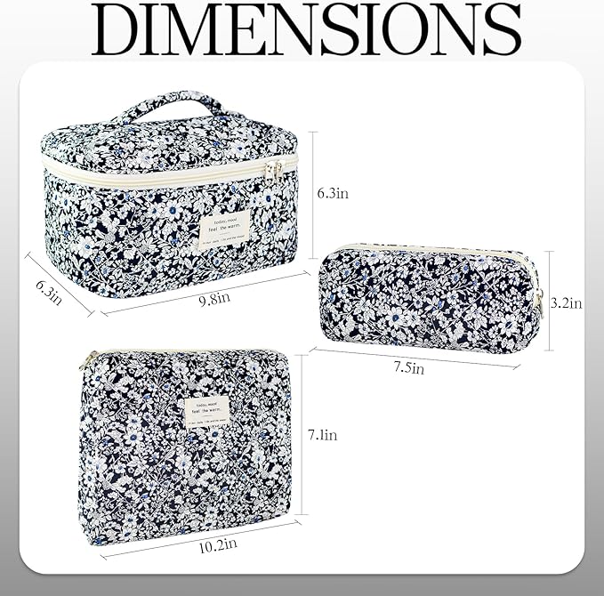 Makeup Bag, 3 PCS Quilted Makeup Bag, Cute Floral Cotton Cosmetic Bag set, Coquette Makeup Pouch Large Travel Toiletry Bag