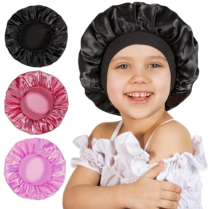 3 Pcs Bonnet for Kids, Kids Bonnets for Girls, Satin Silk Hair Bonnet for Sleeping, Soft Wide Band Sleep Cap for Curly Hair Braids for Teens Child Toddler