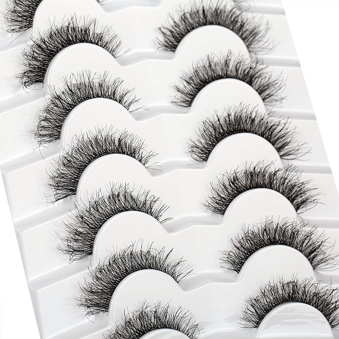 Pooplunch False Eyelashes Cat Eye Look Natural Short Wispy Lashes 8D Crossed Extension Volume Fake Eyelashes Faux Mink Human Hair Lashes 7 Pairs Pack