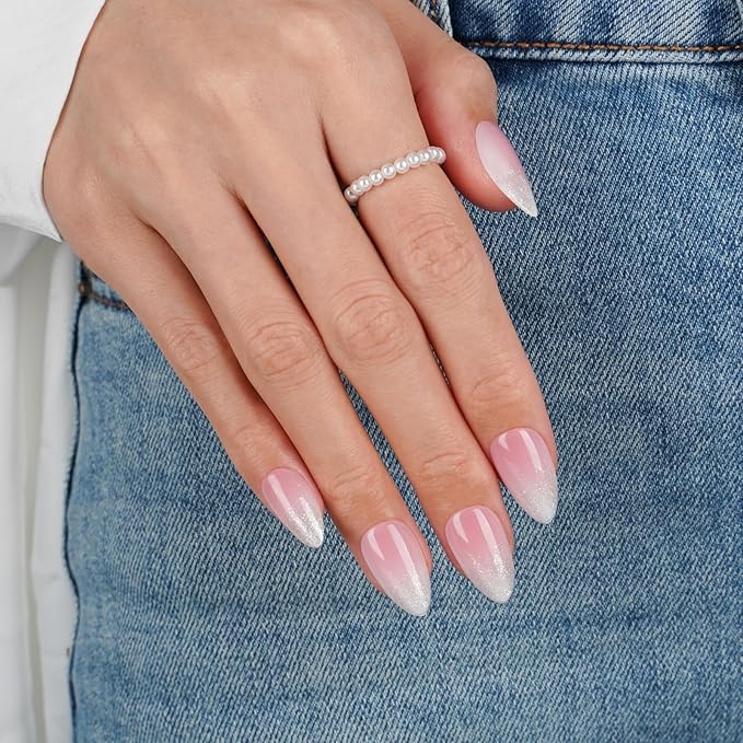 Canvalite Short Press On Nails, Almond Press on Nails Short Pink White Ombre Glossy Reusable Acrylic Fake Nails with Glue & Glue Remover Easy to Use 30Pcs Manicure Kit for Women
