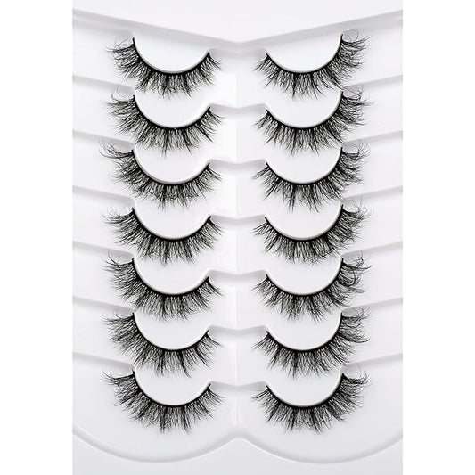 Pooplunch False Eyelashes Natural Cat Eye Lash Wispy Extensions Volume Faux Mink Lashes Fake Eyelash Strips 7 Pairs Pack